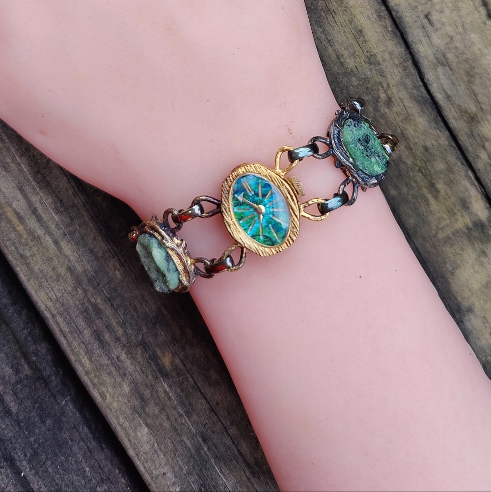 Antique 12K GF And Sterling Wells17 Jewels Chrysocolla Dial And Jade Watch - Picture 3 of 12